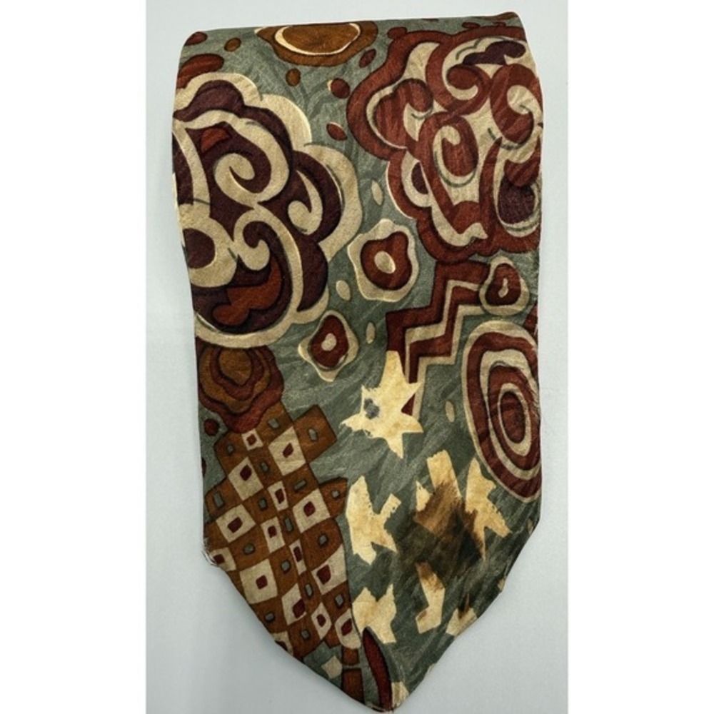 Paul Rodon Couture 100% Silk Men's Tie‎ Geometric Clay Brown Green And Cream